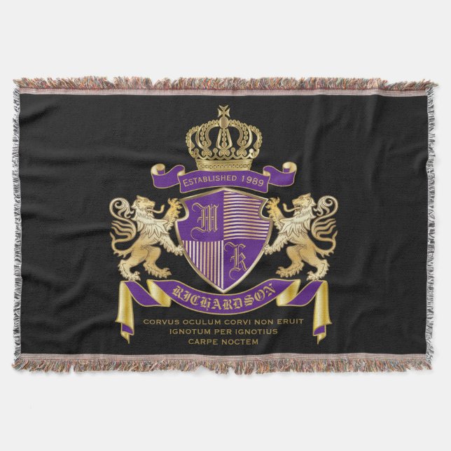 Coat of Arms Monogram Emblem Golden Lion Shield Throw Blanket (Front)