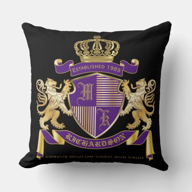 Coat of Arms Monogram Emblem Golden Lion Shield Throw Pillow (Front)