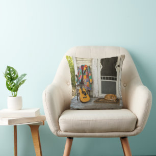 Coat of Many Colours with Guitar and Cat Throw Pillow