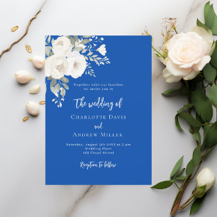 Cobal blue white roses florals wedding invitation