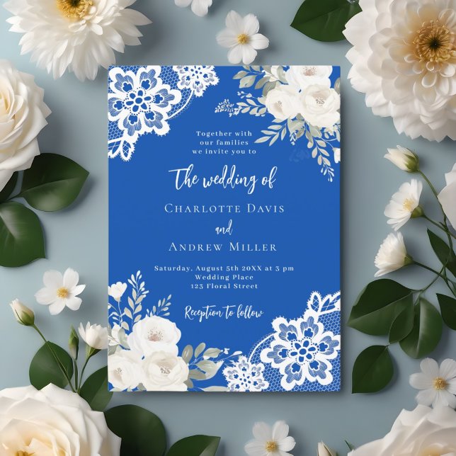 Cobal blue white roses lace wedding invitation (Creator Uploaded)