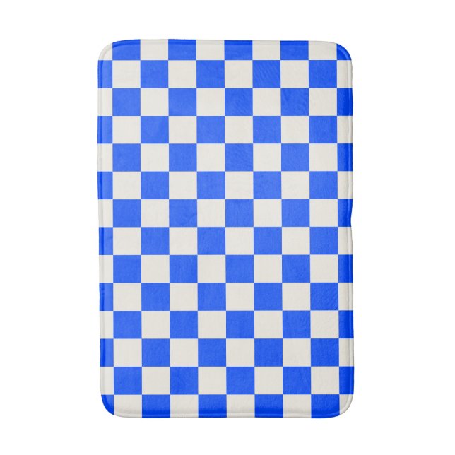 Cobalt and cream checkerboard pattern bath mat (Front Vertical)
