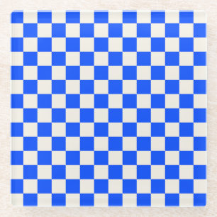 Cobalt and cream checkerboard pattern glass coaster