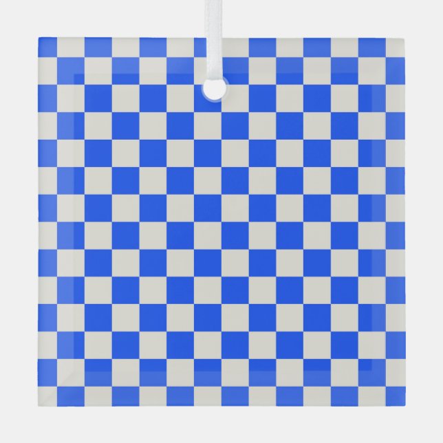 Cobalt and cream checkerboard pattern glass ornament (Front)