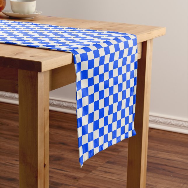 Cobalt and cream checkerboard pattern short table runner (In Situ)