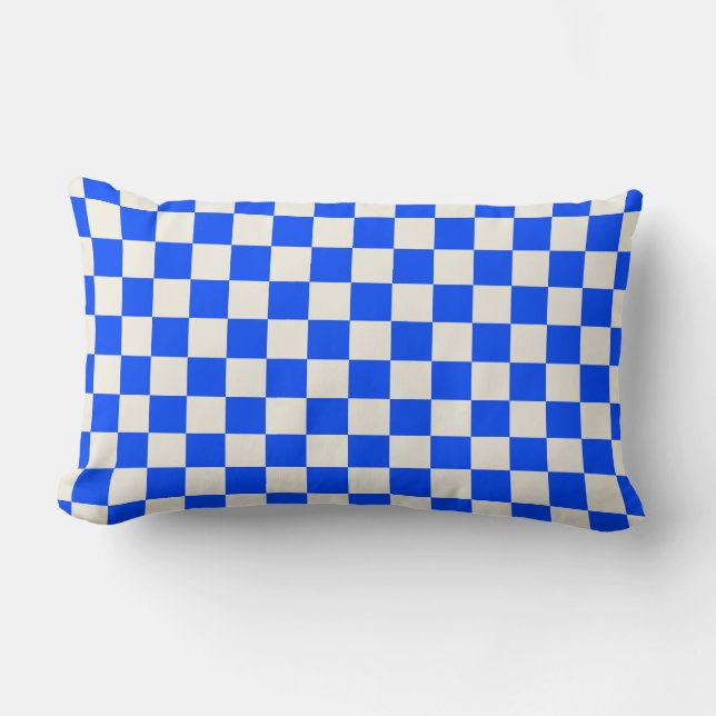 Cobalt and cream chequerboard pattern lumbar pillow (Front)