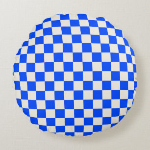 Cobalt and cream chequerboard pattern round pillow