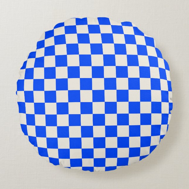 Cobalt and cream chequerboard pattern round pillow (Front)