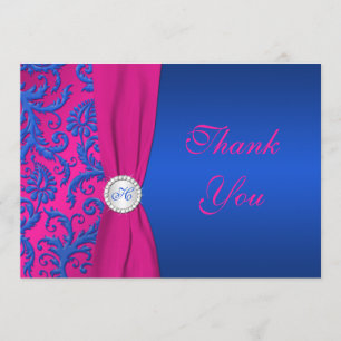 Cobalt and Fuchsia Damask Monogram Thank You Card