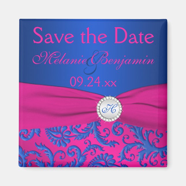 Cobalt and Fuchsia Damask Save the Date Magnet (Front)