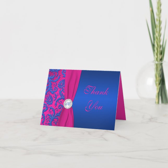 Cobalt and Fuchsia Damask Thank You Note Card (Front)