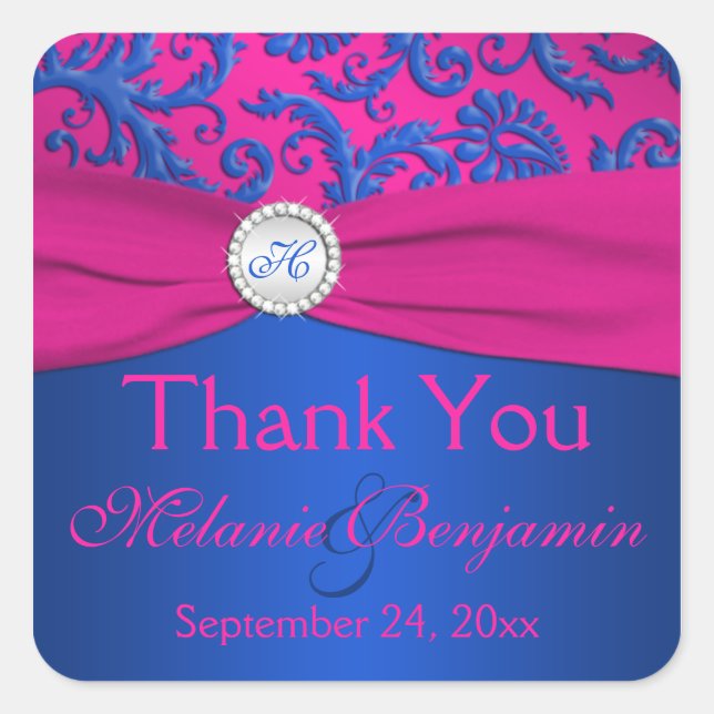 Cobalt and Fuchsia Damask Wedding Favour Sticker (Front)