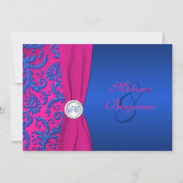 Cobalt and Fuchsia Damask Wedding Invitation (Front)