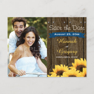 COBALT BLU RUSTIC SUNFLOWER SAVE THE DATE POSTCARD