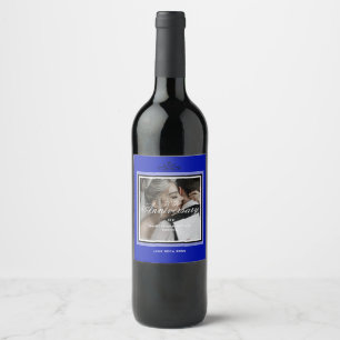 Cobalt blue 50th wedding photo custom anniversary wine label