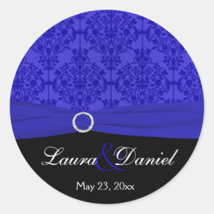 Cobalt Blue and Black Damask 1.5" Round Sticker