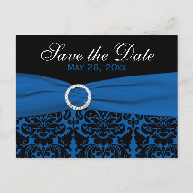 Cobalt Blue and Black Damask Save the Date Card (Front)