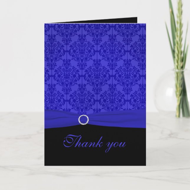 Cobalt Blue and Black Damask Thank You Card (Front)