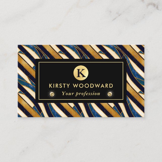 Cobalt Blue and Gold Art Deco Marble pattern Business Card (Front)