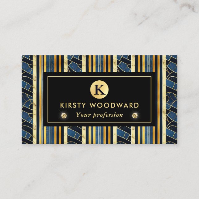 Cobalt Blue and Gold Art Deco Marble pattern Business Card (Front)