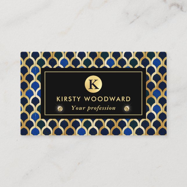 Cobalt Blue and Gold Art Deco Marble pattern Business Card (Front)