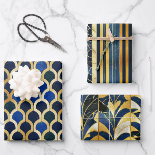 Cobalt Blue and Gold Art Deco Marble pattern Wrapping Paper Sheet