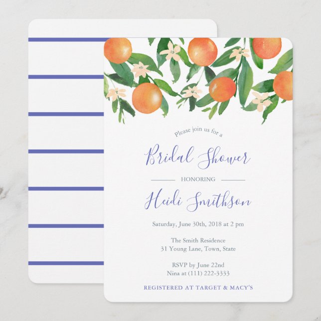 Cobalt Blue And Orange Citrus Bridal Shower Invitation (Front/Back)