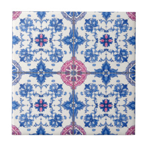 Cobalt Blue and Pink Baroque Medallion Tile