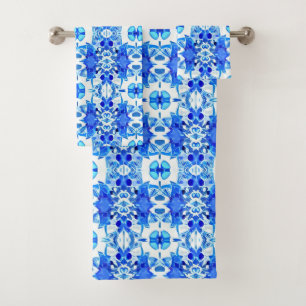 Cobalt Blue and White Batik Tile Pattern  Bath Towel Set