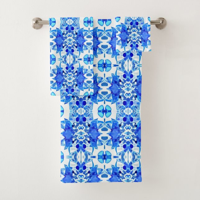 Cobalt Blue and White Batik Tile Pattern  Bath Towel Set (Insitu)