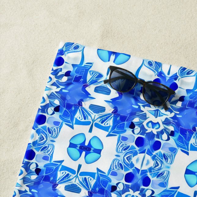 Cobalt Blue and White Batik Tile Pattern Beach Towel (In Situ)