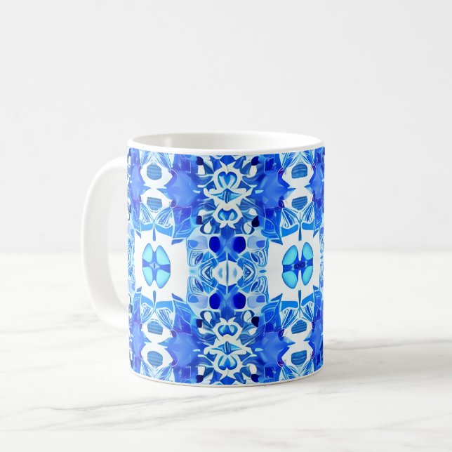 Cobalt Blue and White Batik Tile Pattern  Coffee Mug (Front Left)