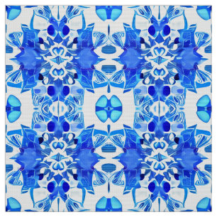 Cobalt Blue and White Batik Tile Pattern Fabric