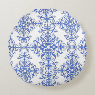 Cobalt Blue and White Floral Damask Style Pattern Round Pillow
