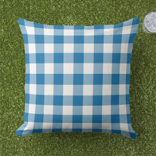 Cobalt Blue and White Gingham Plaid Pattern Outdoor Pillow (Grass)