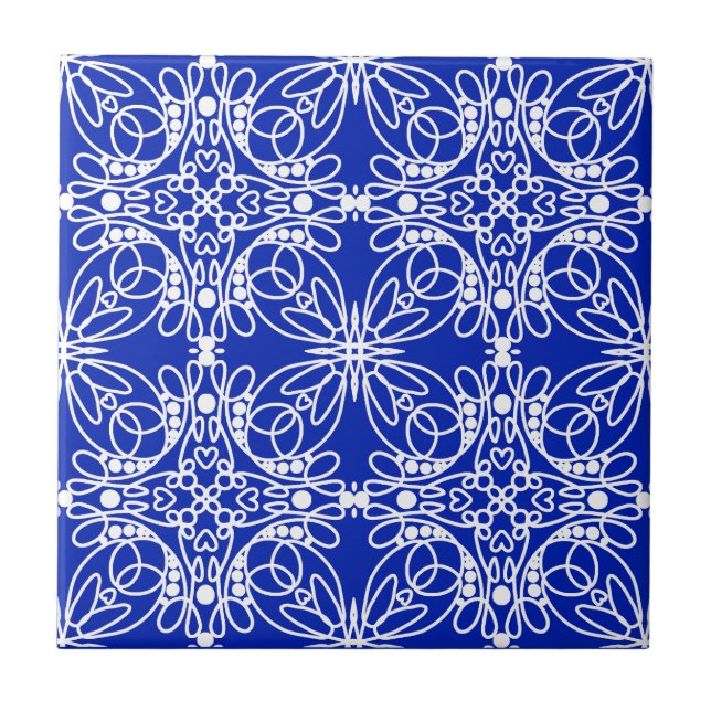 Cobalt Blue and White Line Art Floral and Hearts Tile (Front)