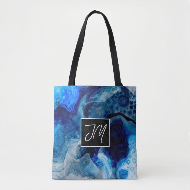 Cobalt Blue and White Marble Fluid Art Monogrammed Tote Bag (Front)