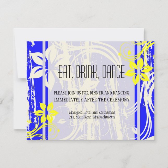 Cobalt Blue and Yellow Wedding Reception Card (Front)