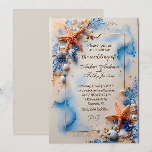Cobalt blue beachside wedding invitation