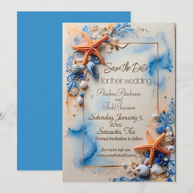 Cobalt blue beachside wedding  save the date (Front/Back)