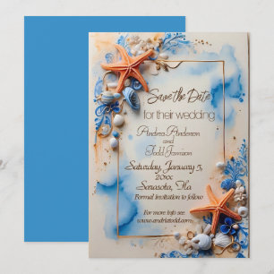 Cobalt blue beachside wedding save the date