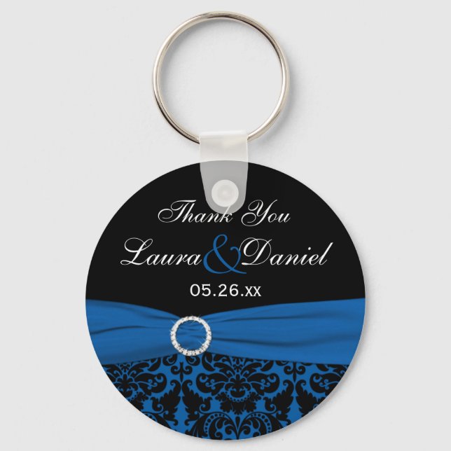 Cobalt Blue, Black Damask Wedding Favor Keychain (Front)