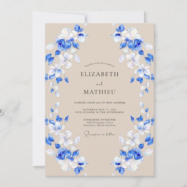 Cobalt Blue Blossom Romance Wedding Invitation (Front)