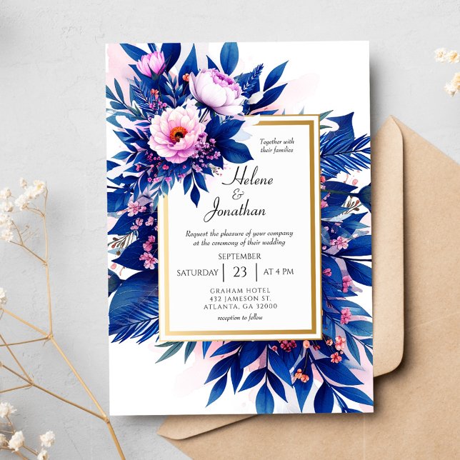 Cobalt Blue Blush Pink Floral Elegant Wedding Invitation (Cobalt Blue Blush Pink Floral Elegant Wedding Invitation)