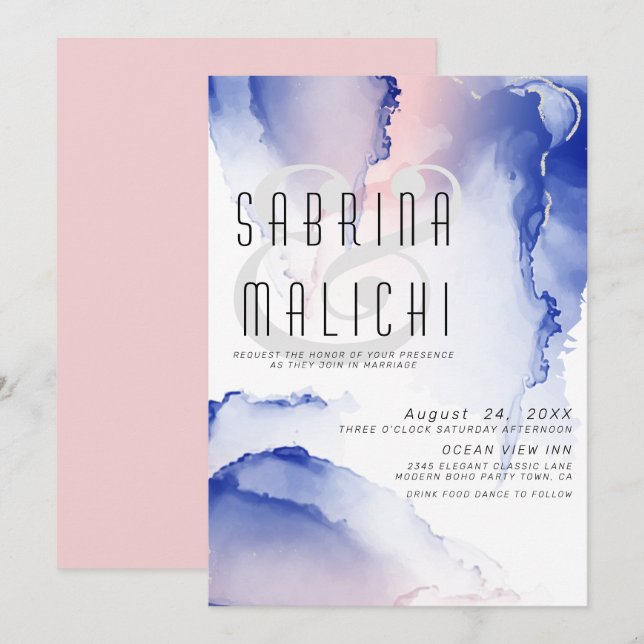 CObalt Blue Blush Rose Modern Fluid Ink Invitation (Front/Back)