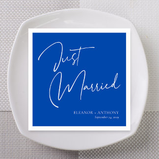 Cobalt Blue Bold Calligraphy Just Married Napkin