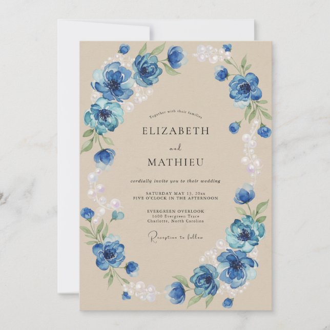 Cobalt Blue Botanical Romance Wedding Invitation (Front)