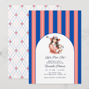 Cobalt Blue, Coral & White Ladies Golf Birthday Invitation