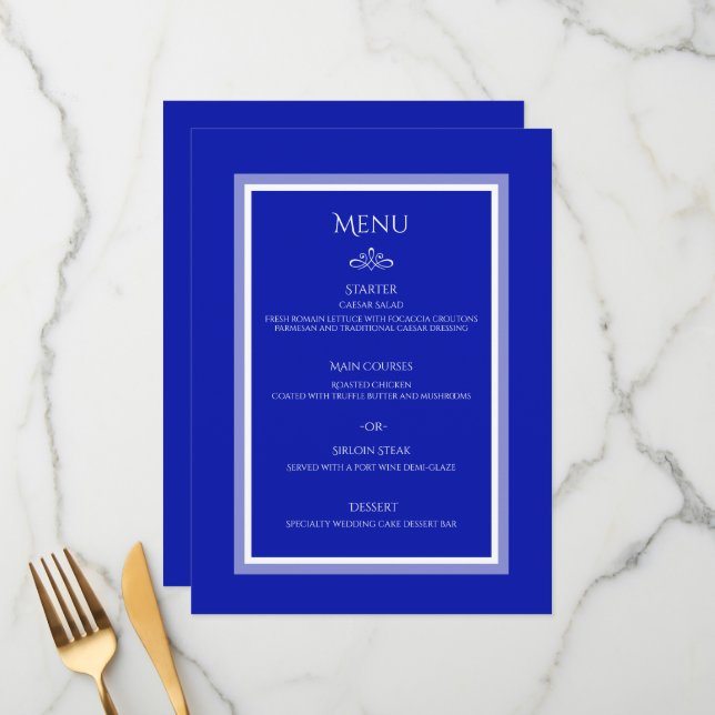 Cobalt blue customizable wedding flat menu (Front/Back In Situ)
