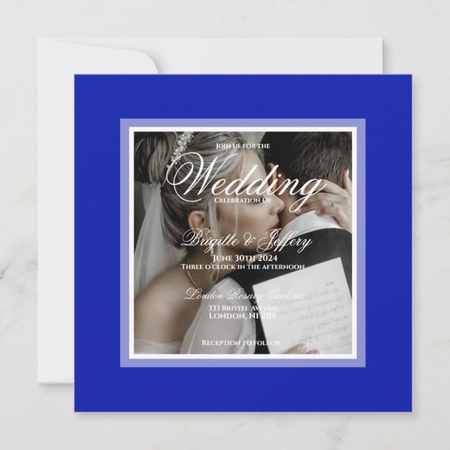 Cobalt blue customizable wedding photo invitation (Front)